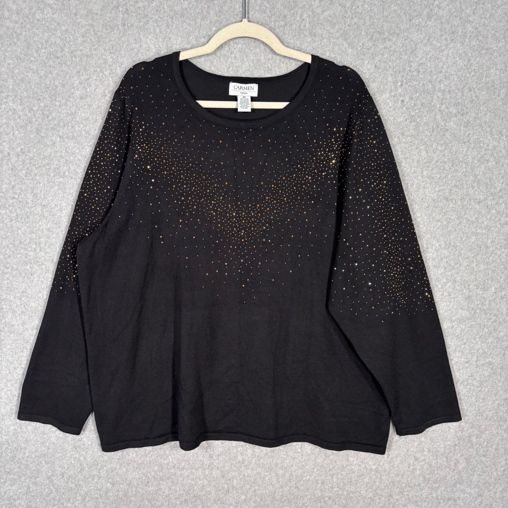 Carmen Marc Valvo Sequin Embellished Sweater 3X Black Gold Glam Sparkle Shimmer